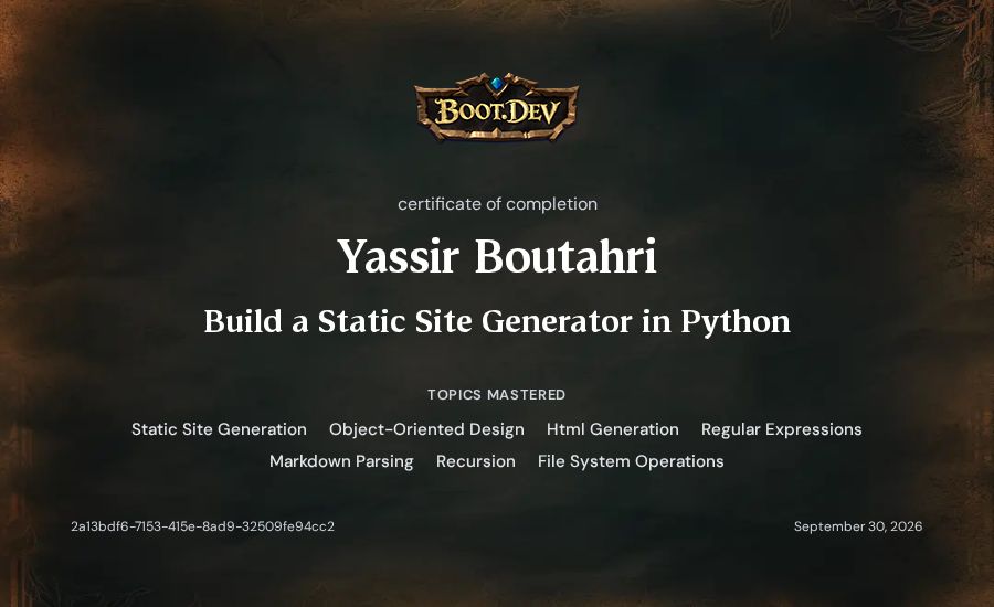 Yassir Boutahri's Boot.dev Build a Static Site Generator in Python certificate