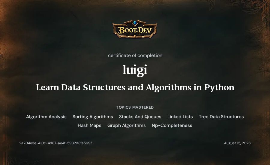 luigi's Boot.dev Learn Data Structures and Algorithms in Python certificate