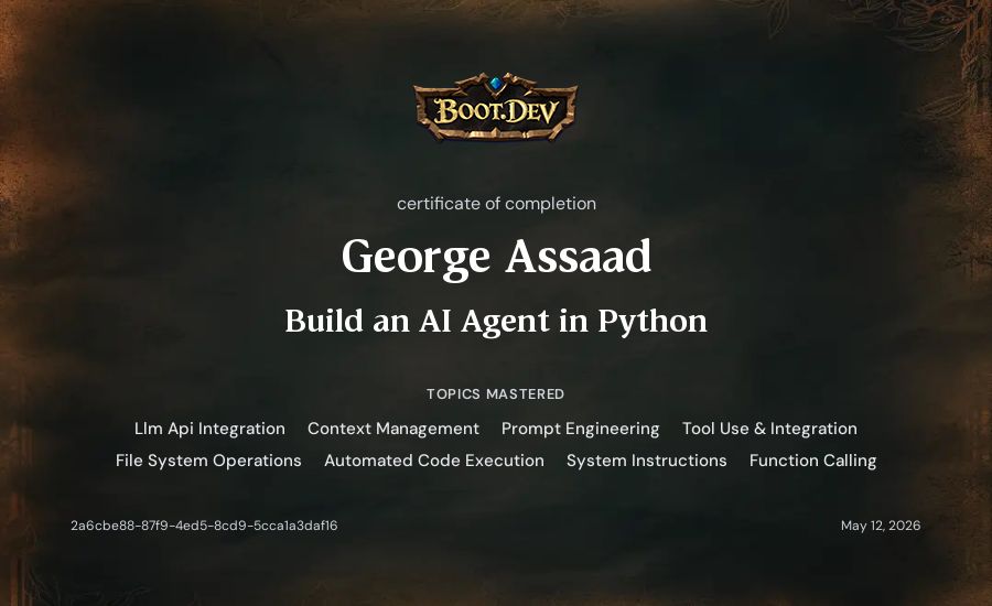 George Assaad's Boot.dev Build an AI Agent in Python certificate