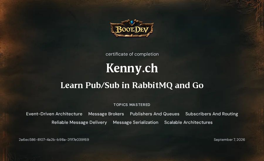 Kenny.ch's Boot.dev Learn Pub/Sub in RabbitMQ and Go certificate
