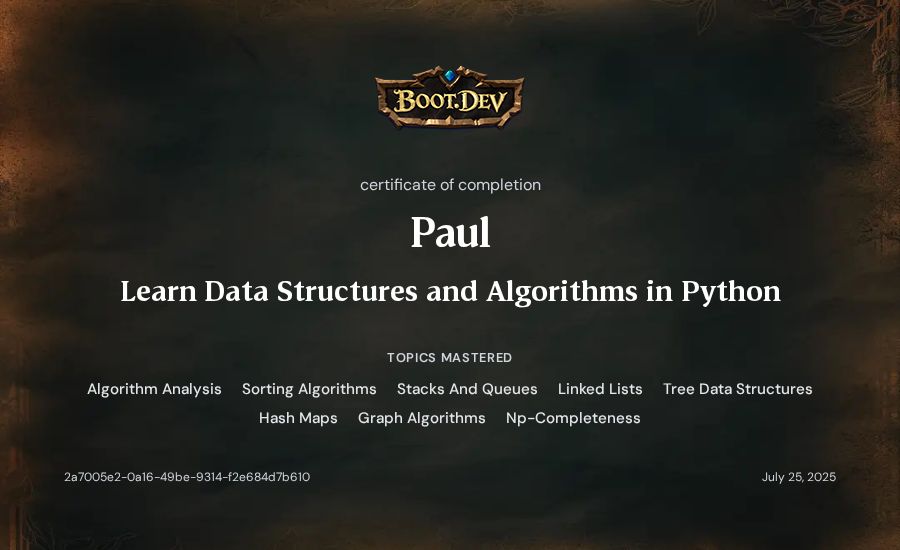 Paul's Boot.dev Learn Data Structures and Algorithms in Python certificate