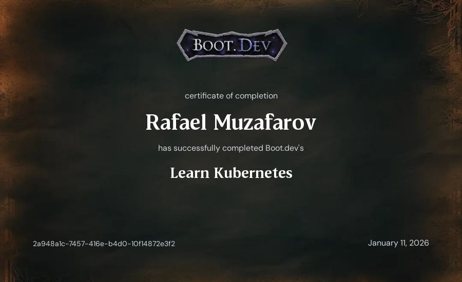 Rafael Muzafarov's Boot.dev Learn Kubernetes certificate