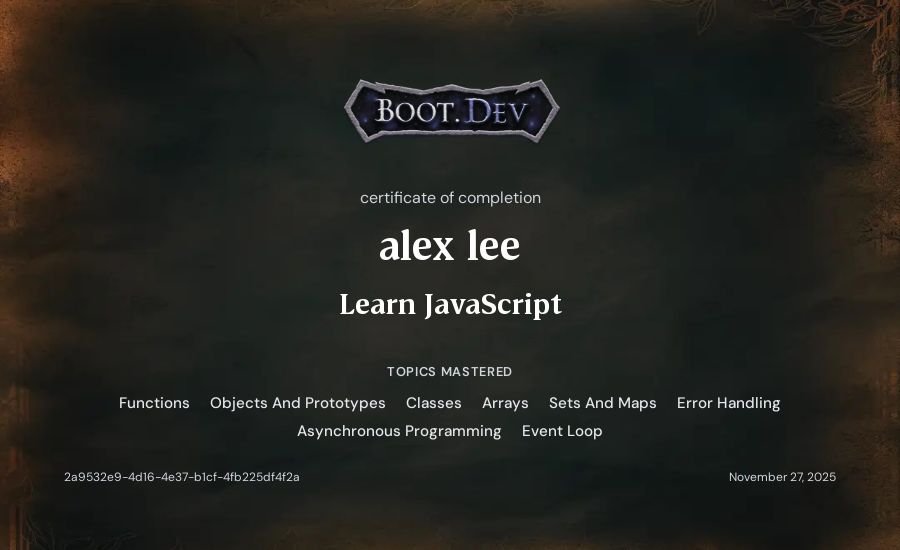 alex lee's Boot.dev Learn JavaScript certificate