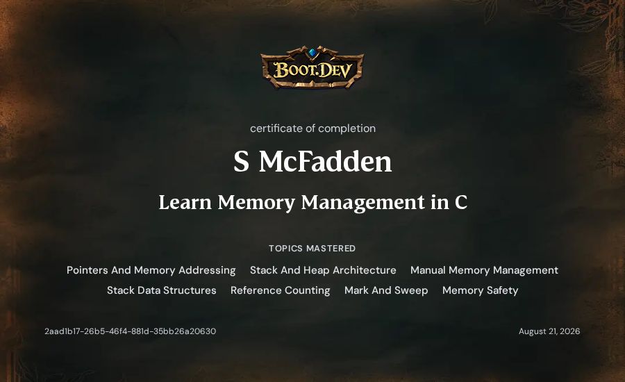 S McFadden's Boot.dev Learn Memory Management in C certificate