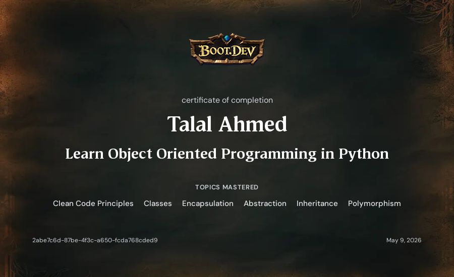 Talal Ahmed's Boot.dev Learn Object Oriented Programming in Python certificate