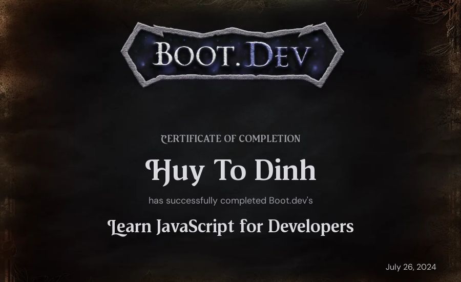 Huy To Dinh's Boot.dev Learn JavaScript certificate