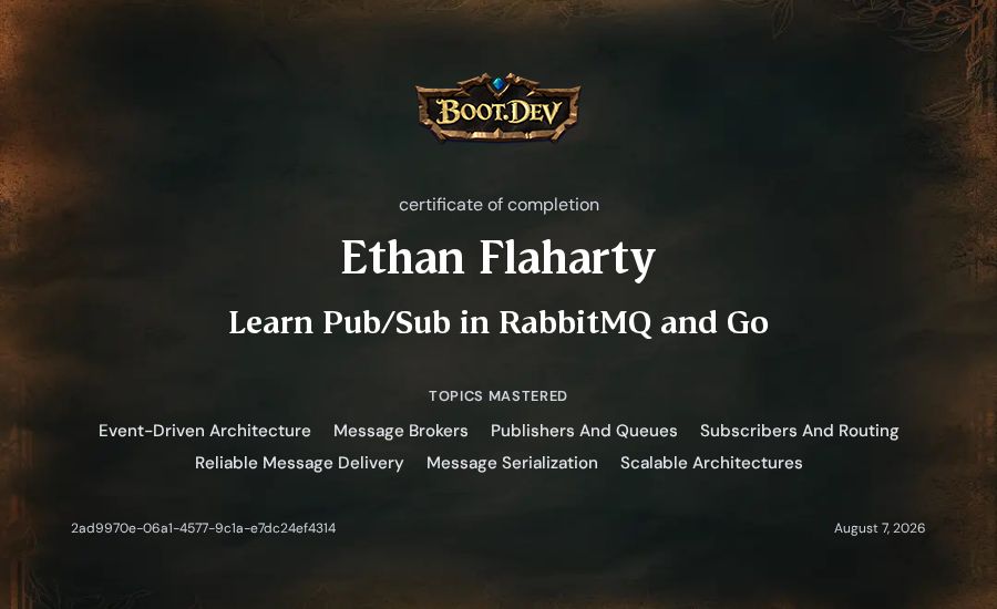 Ethan Flaharty's Boot.dev Learn Pub/Sub in RabbitMQ and Go certificate