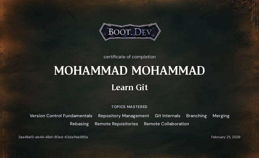 MOHAMMAD MOHAMMAD's Boot.dev Learn Git certificate