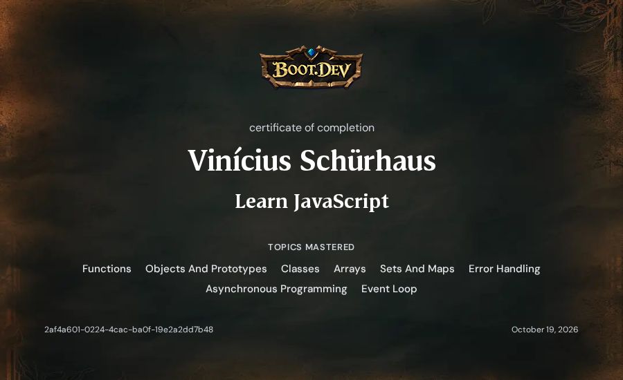 Vinícius Schürhaus's Boot.dev Learn JavaScript certificate