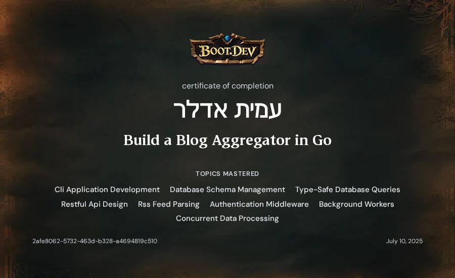 עמית אדלר's Boot.dev Build a Blog Aggregator in Go certificate