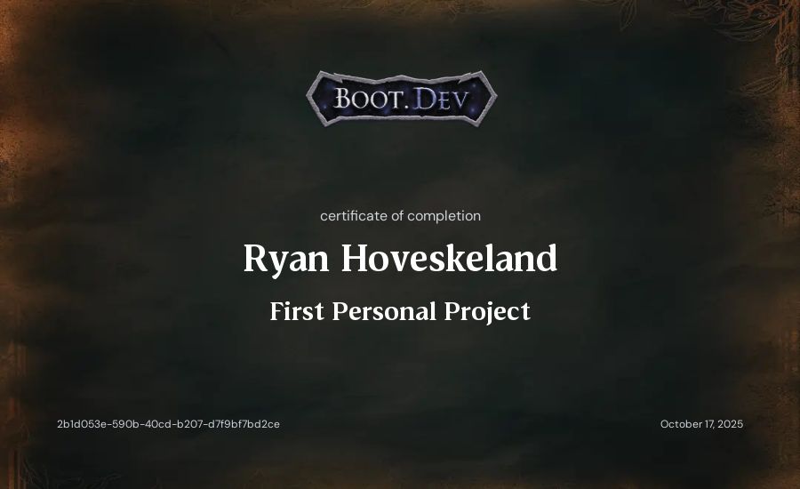 Ryan Hoveskeland's Boot.dev First Personal Project certificate