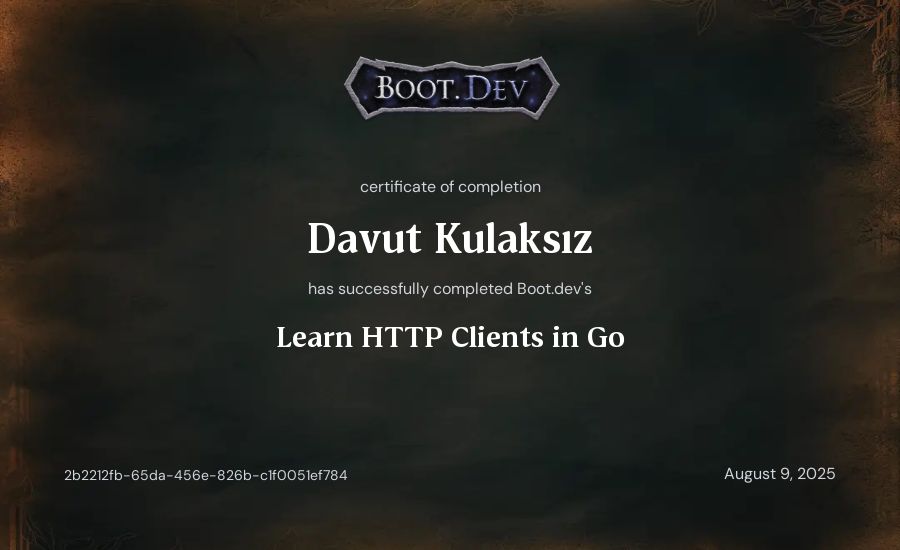 Davut Kulaksız's Boot.dev Learn HTTP Clients in Go certificate