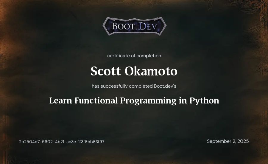 Scott Okamoto's Boot.dev Learn Functional Programming in Python certificate