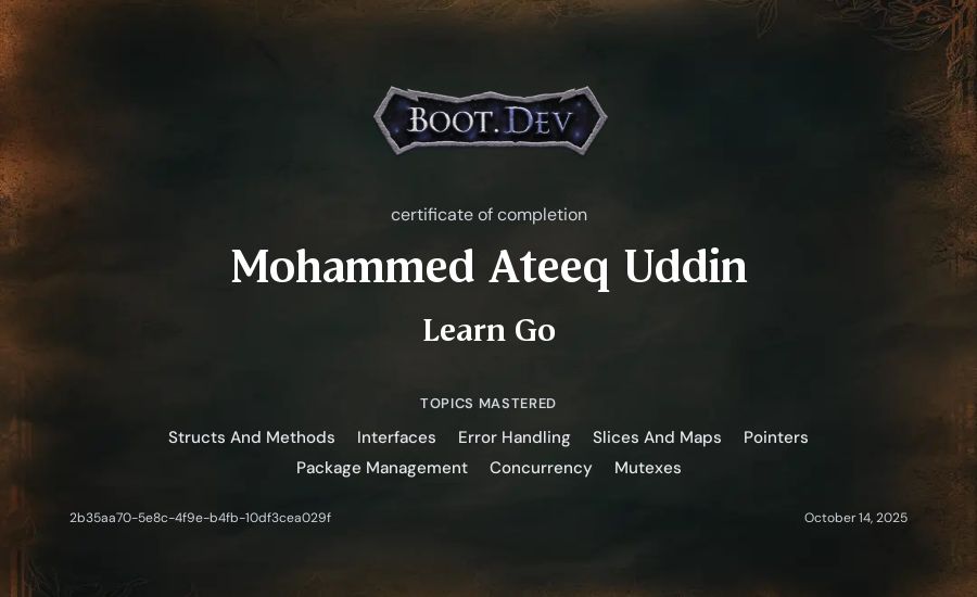 Mohammed Ateeq Uddin's Boot.dev Learn Go certificate