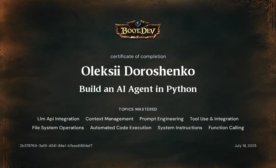 Oleksii Doroshenko's Boot.dev Build an AI Agent in Python certificate