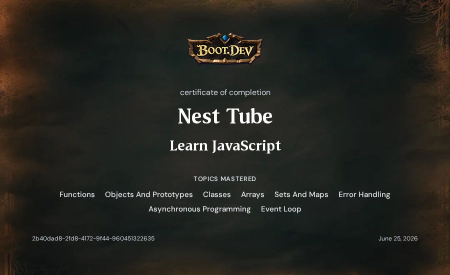 Nest Tube's Boot.dev Learn JavaScript certificate