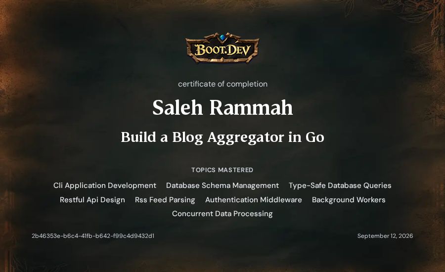 Saleh Rammah's Boot.dev Build a Blog Aggregator in Go certificate