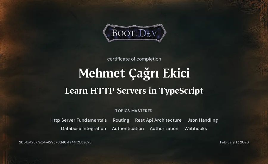 Mehmet Çağrı Ekici's Boot.dev Learn HTTP Servers in TypeScript certificate