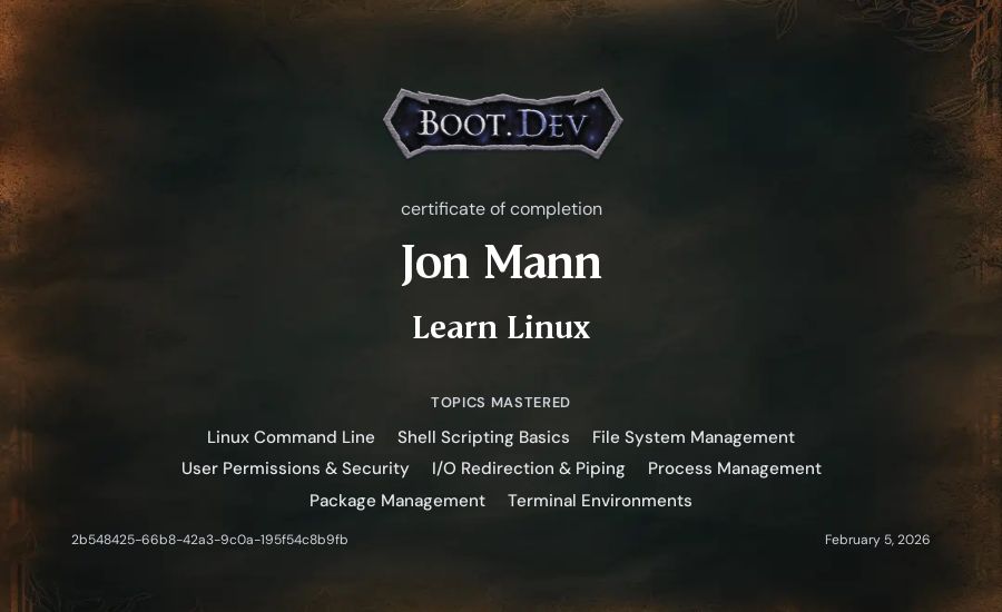 Jon Mann's Boot.dev Learn Linux certificate