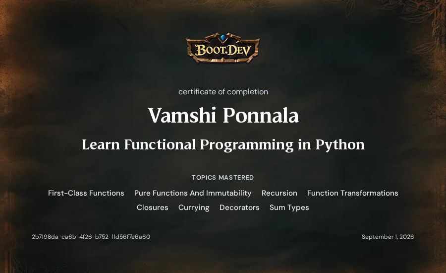 Vamshi Ponnala's Boot.dev Learn Functional Programming in Python certificate