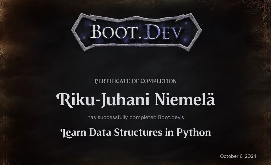 Riku-Juhani Niemelä's Boot.dev Learn Data Structures and Algorithms in Python certificate