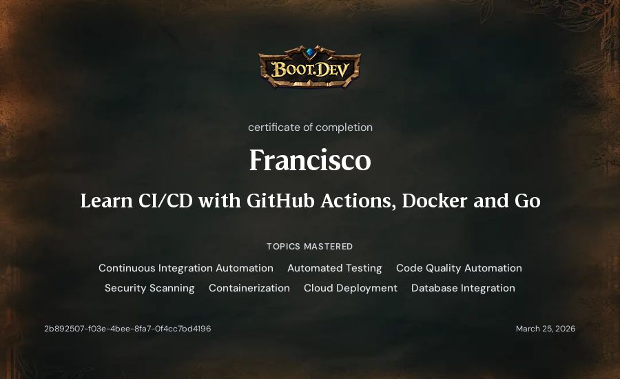 Francisco's Boot.dev Learn CI/CD with GitHub Actions, Docker and Go certificate