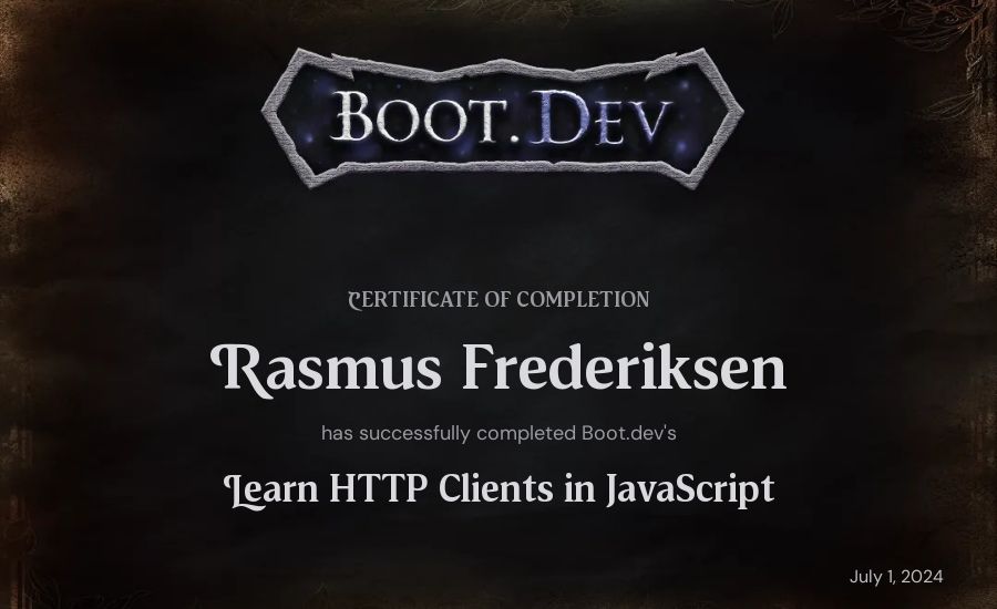 Rasmus Frederiksen's Boot.dev Learn HTTP Clients in TypeScript certificate