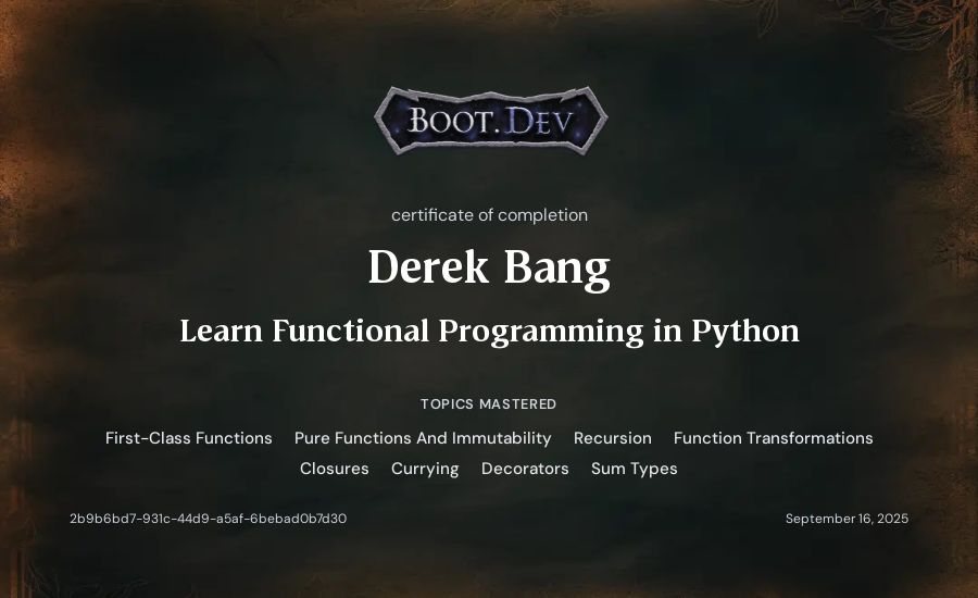 Derek Bang's Boot.dev Learn Functional Programming in Python certificate