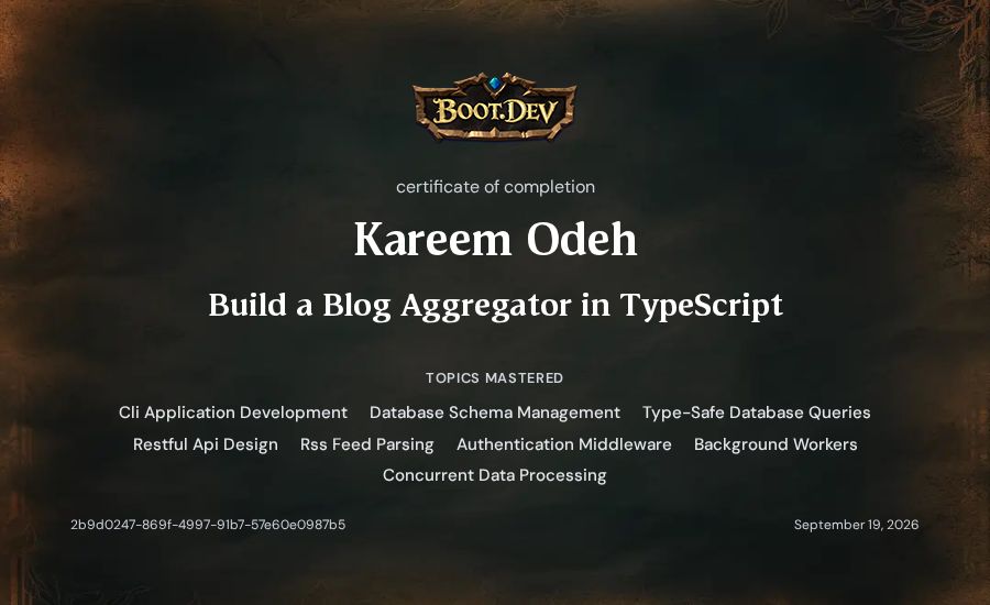 Kareem Odeh's Boot.dev Build a Blog Aggregator in TypeScript certificate