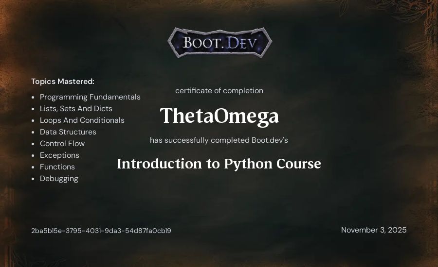 ThetaOmega's Boot.dev Introduction to Python Course certificate