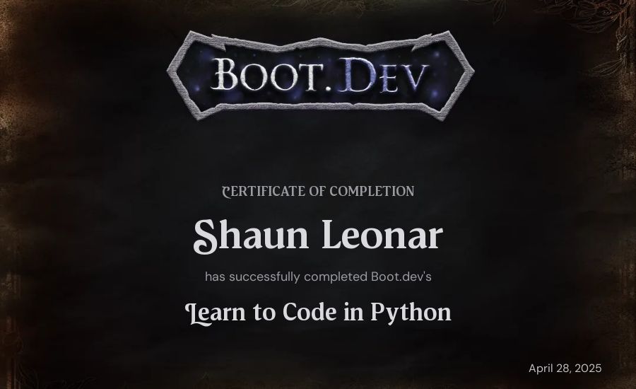 Shaun Leonar's Boot.dev Introduction to Python Course certificate