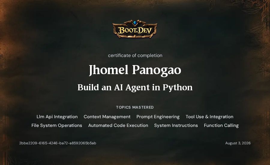 Jhomel Panogao's Boot.dev Build an AI Agent in Python certificate