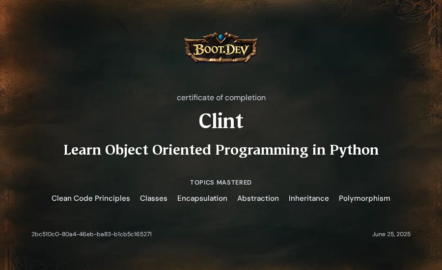 Clint's Boot.dev Learn Object Oriented Programming in Python certificate