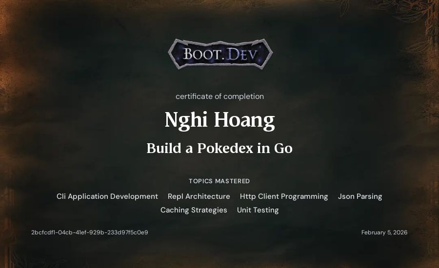 Nghi Hoang's Boot.dev Build a Pokedex in Go certificate
