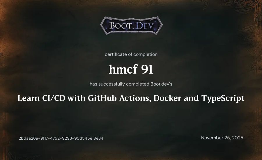 hmcf 91's Boot.dev Learn CI/CD with GitHub Actions, Docker and TypeScript certificate