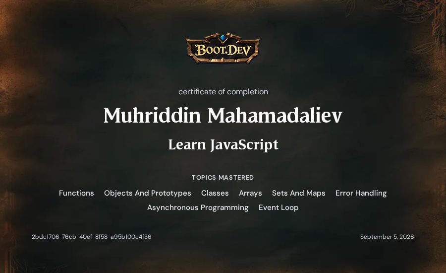 Muhriddin Mahamadaliev's Boot.dev Learn JavaScript certificate
