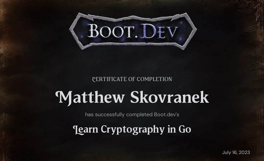 Matthew Skovranek's Boot.dev Learn Cryptography in Go certificate