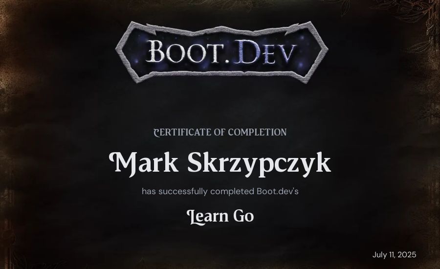 Mark Skrzypczyk's Boot.dev Learn Go certificate