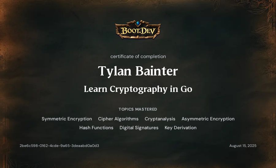 Tylan Bainter's Boot.dev Learn Cryptography in Go certificate