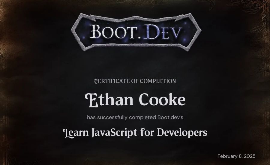 Ethan Cooke's Boot.dev Learn JavaScript certificate