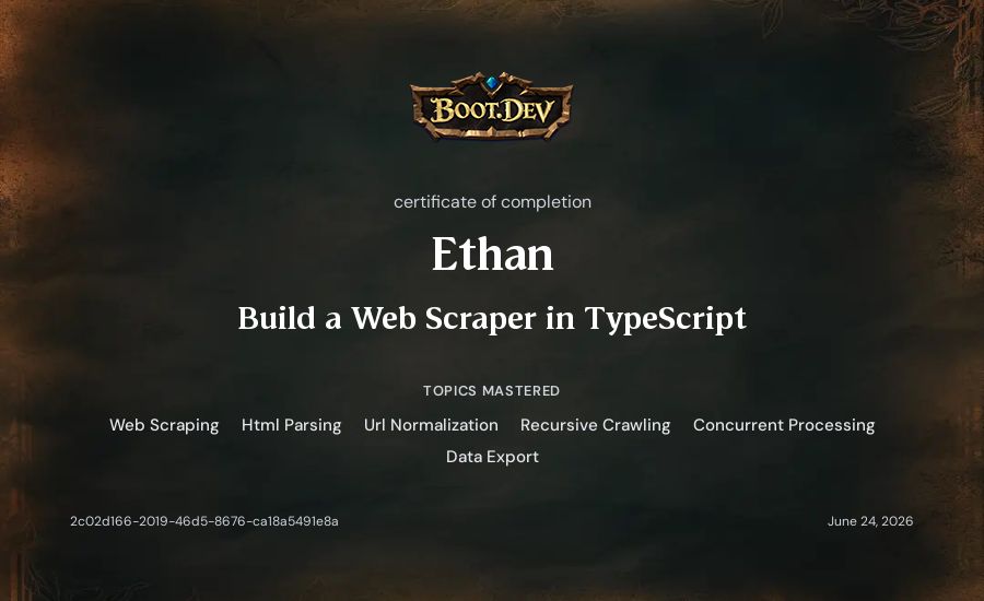 Ethan's Boot.dev Build a Web Scraper in TypeScript certificate