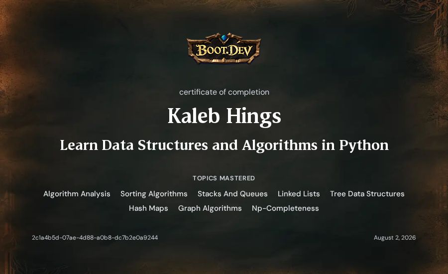 Kaleb Hings's Boot.dev Learn Data Structures and Algorithms in Python certificate
