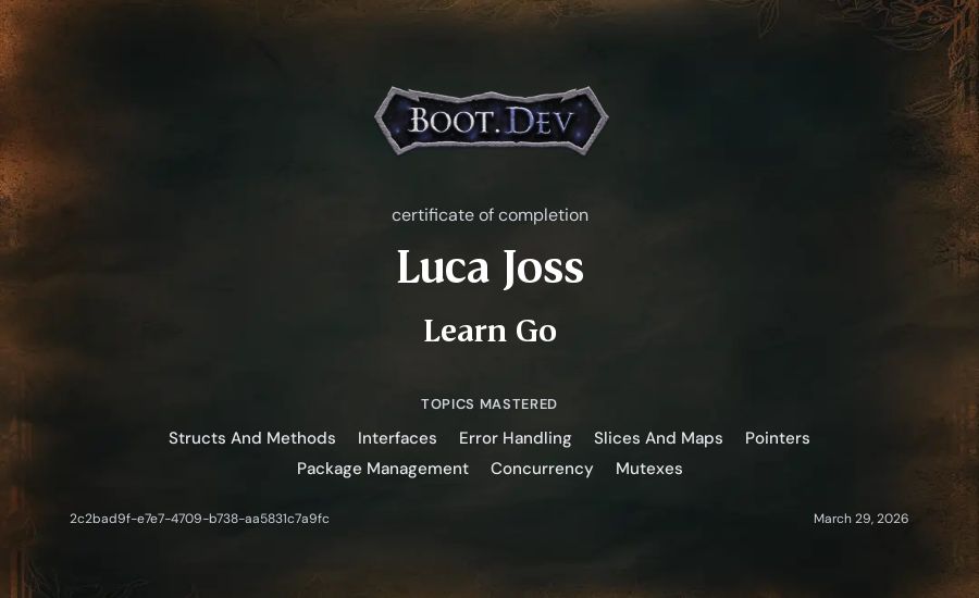 Luca Joss's Boot.dev Learn Go certificate