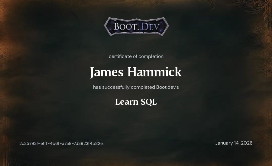 James Hammick's Boot.dev Learn SQL certificate