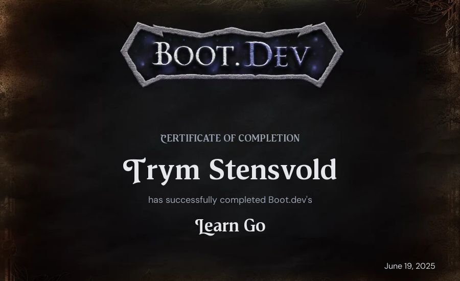 Trym Stensvold's Boot.dev Learn Go certificate