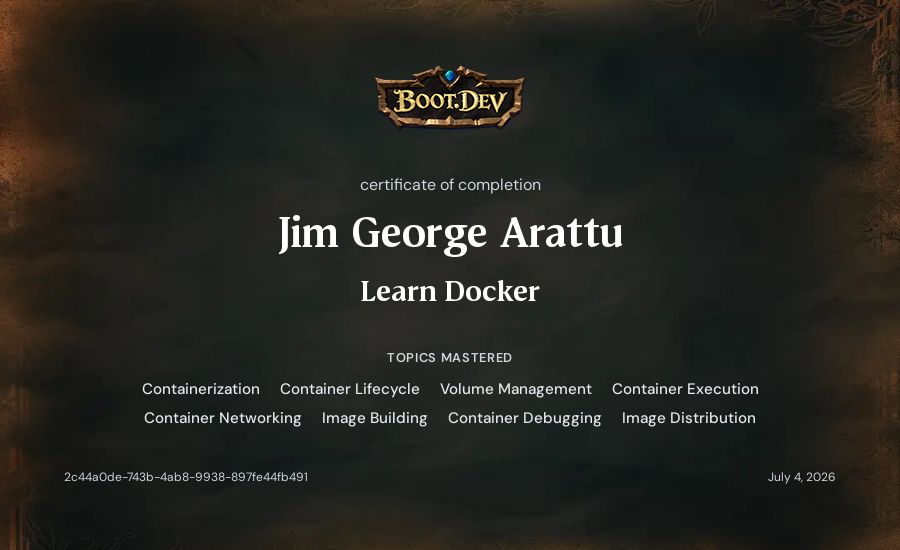 Jim George Arattu's Boot.dev Learn Docker certificate
