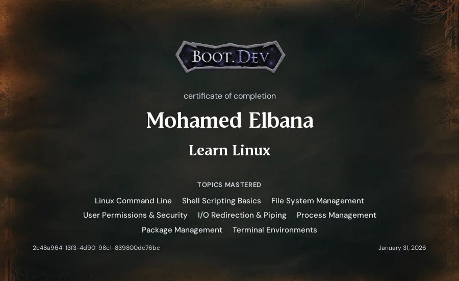 Mohamed Elbana's Boot.dev Learn Linux certificate