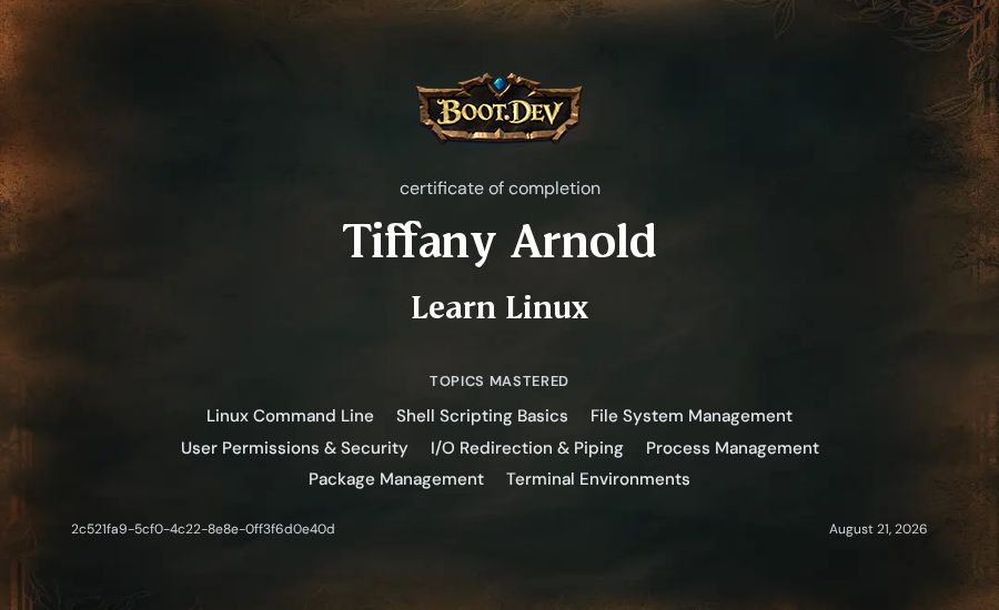 Tiffany Arnold's Boot.dev Learn Linux certificate