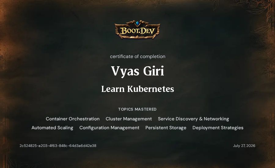 Vyas Giri's Boot.dev Learn Kubernetes certificate