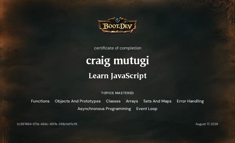craig mutugi's Boot.dev Learn JavaScript certificate
